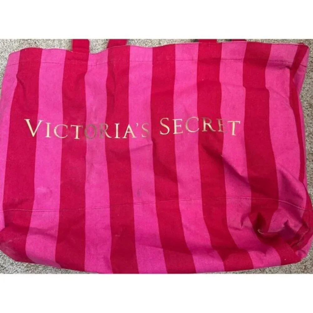 Victoria's Secret Iconic‎ Pink Striped Canvas Tote Large Shopping Beach Bag Y2K
